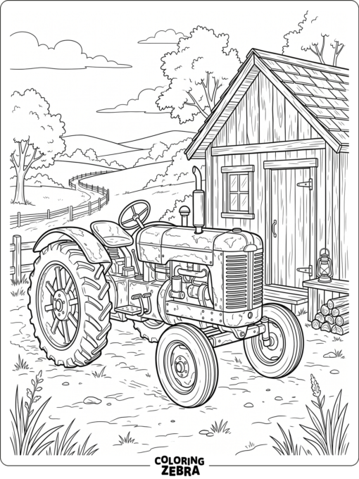 An old tractor resting beside a wooden shed