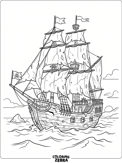 An old wooden pirate ship with cracked sails