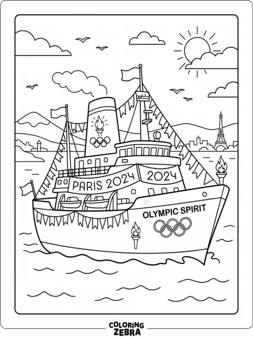 A ship decorated with Olympic banners