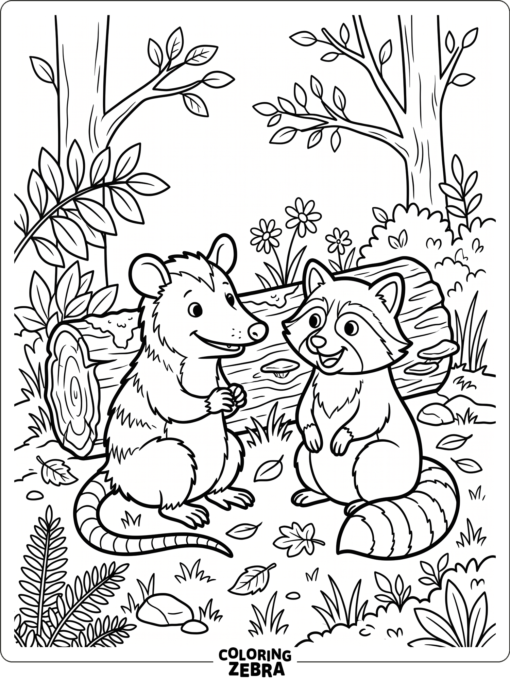 An opossum and raccoon sitting by a log