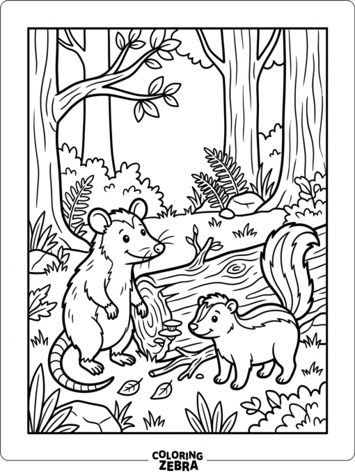 An opossum and skunk standing near a log