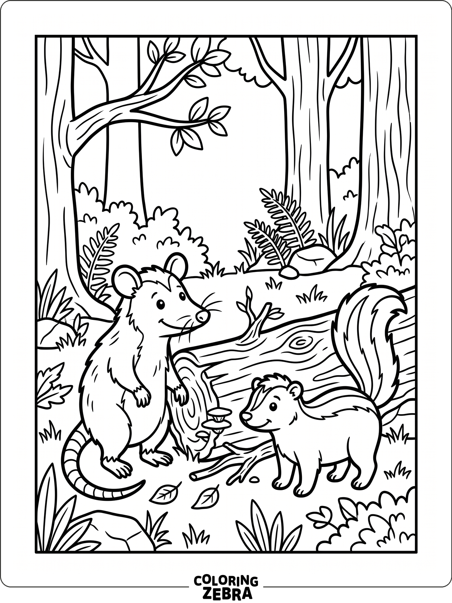 A skunk stands on a log with its tail raised