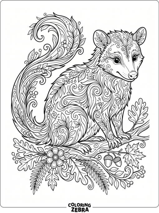 An ornate opossum with decorative leaves