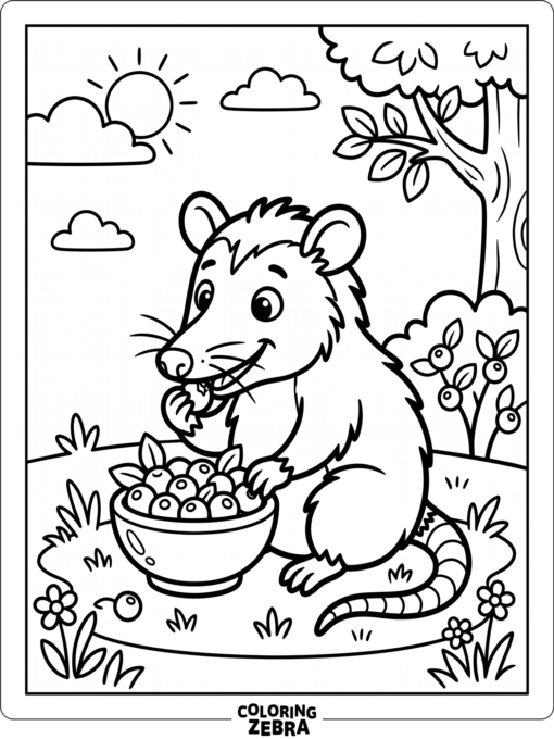An opossum eating fruit from a small bowl