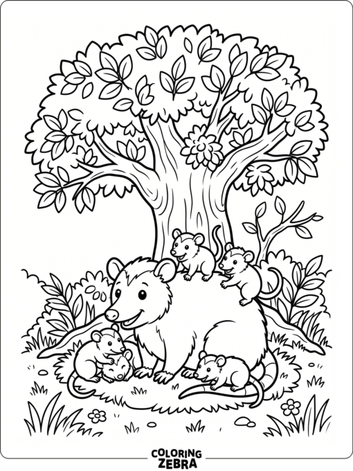 A family of opossums gathered under a tree