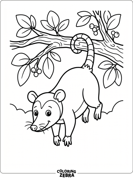 An opossum hanging from a branch by its tail