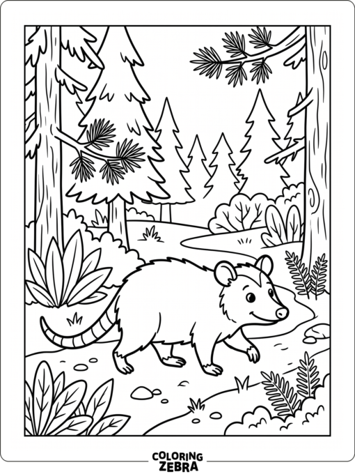 An opossum walking through a forest with trees