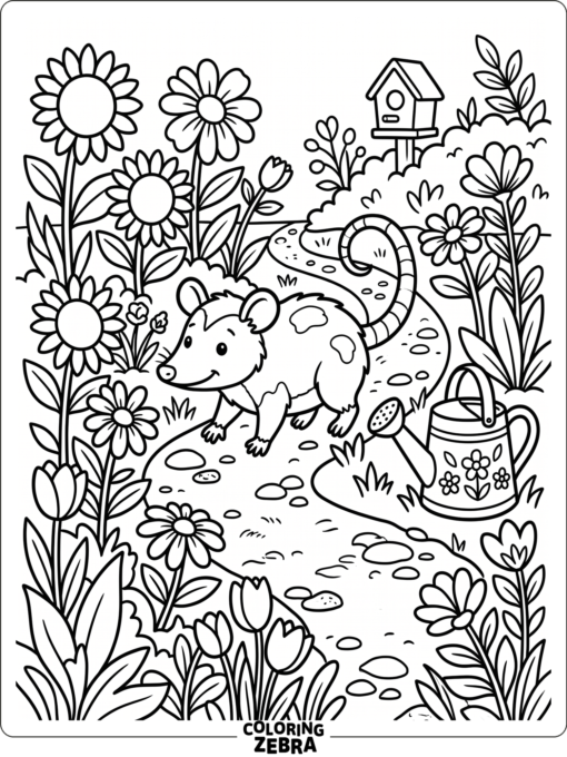 An opossum exploring a garden path