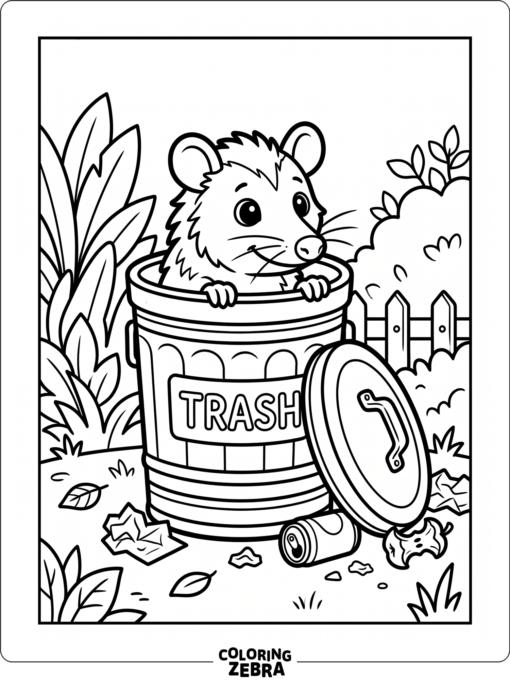 An opossum peeking out of a trash can