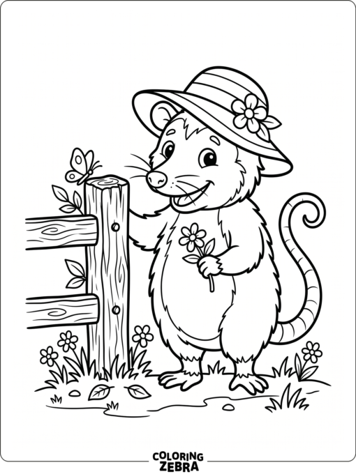 An opossum wearing a hat beside a fence