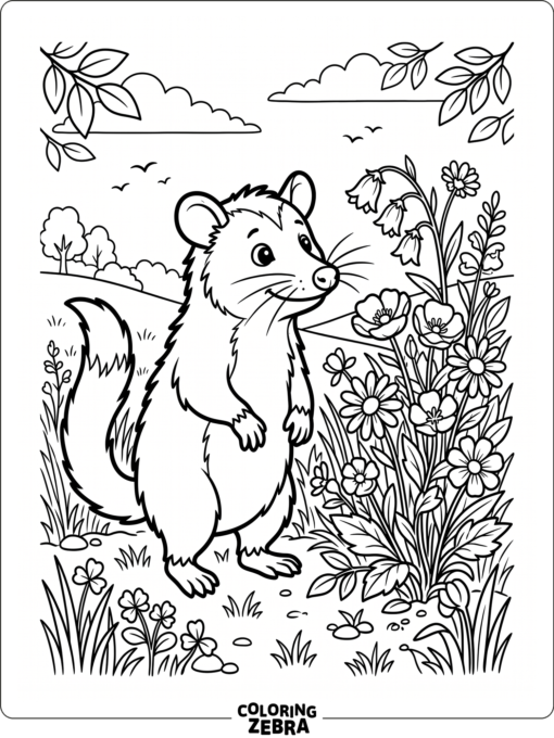 An opossum standing near wildflowers