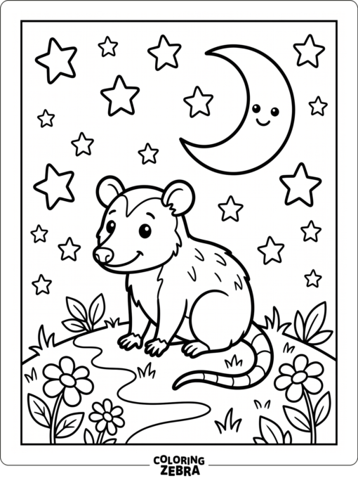 An opossum sitting under a crescent moon