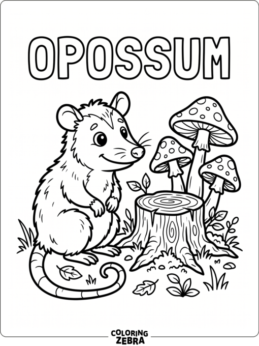 An opossum sitting near mushrooms and a stump