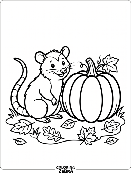 An opossum beside a pumpkin and leaves