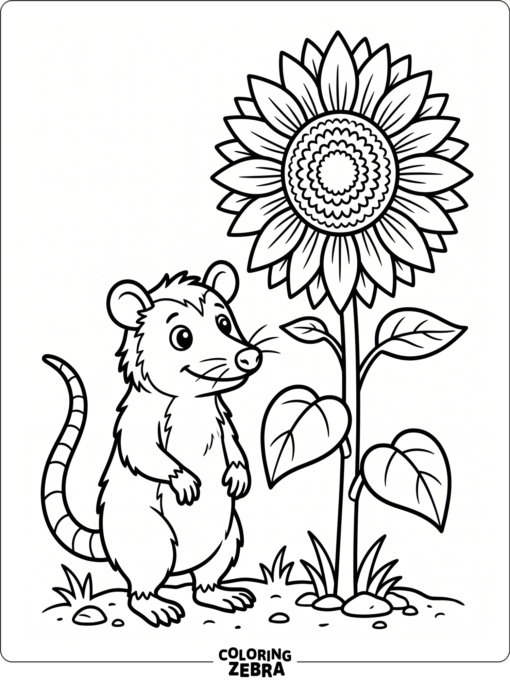 An opossum standing beside a sunflower