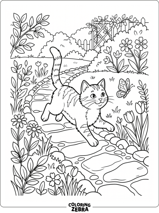 An orange cat chasing a butterfly along a garden path