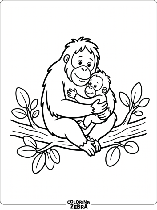 A mother orangutan holding her baby on a branch