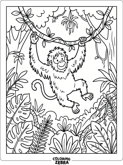 An orangutan swinging on a vine