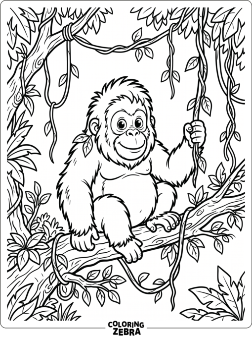 A calm orangutan resting on a branch with long arms