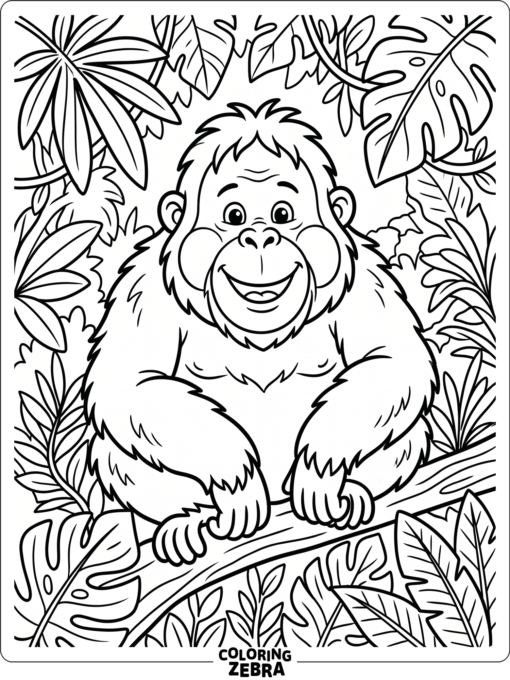 A smiling orangutan with a leafy background
