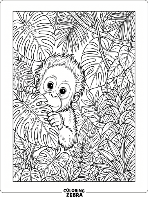 A baby orangutan peeking out from jungle leaves