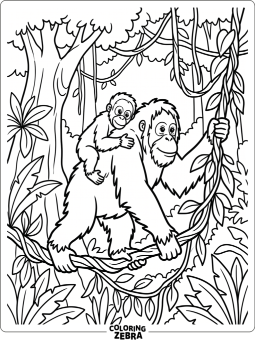 A mother orangutan carrying her baby through the forest