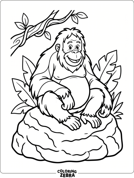 A smiling orangutan sitting on a large rock