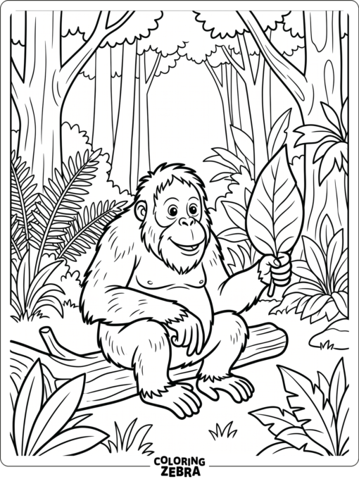 An orangutan in a jungle clearing with ferns and trees