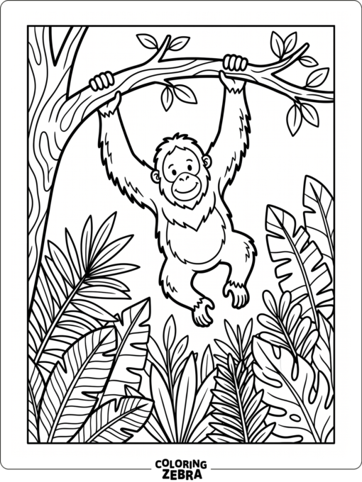 An orangutan hanging from a branch above jungle plants