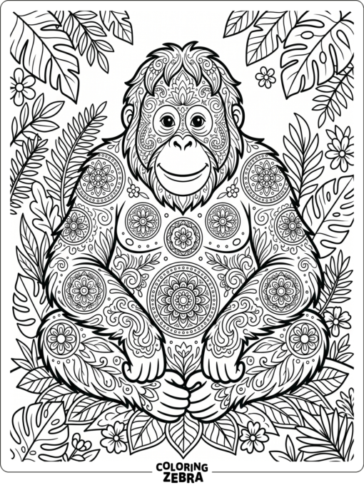 An orangutan with mandala circles and leaf accents