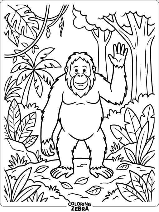 An orangutan standing with one hand raised in a simple jungle scene