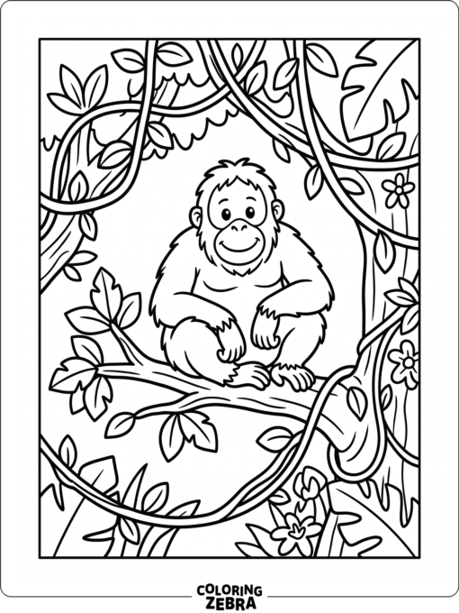 An orangutan sitting in a tree surrounded by vines