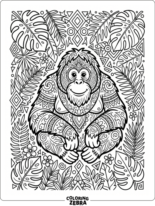 An ornate orangutan with leaves and geometric patterns