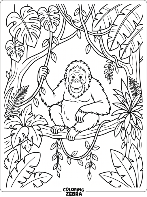 An orangutan in the rainforest among vines and large leaves