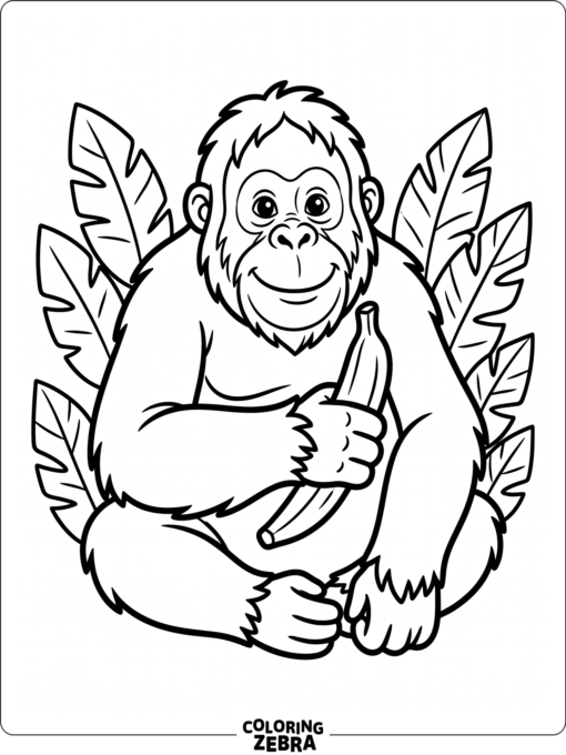 An orangutan holding a banana with leaves nearby