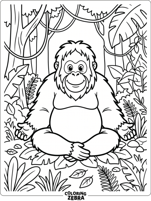 An orangutan sitting cross-legged on the forest floor