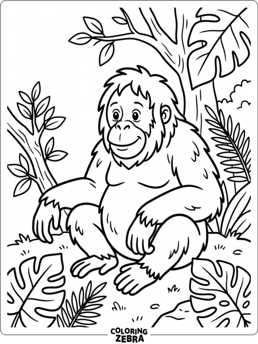 A clean line art orangutan sitting with jungle leaves