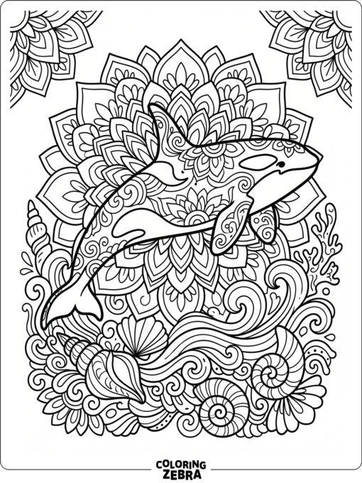 A mandala-style orca with shells and waves