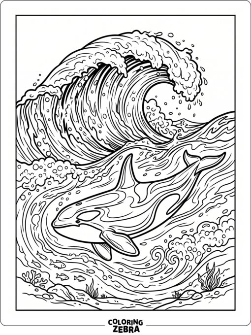 An orca swimming beneath a wave