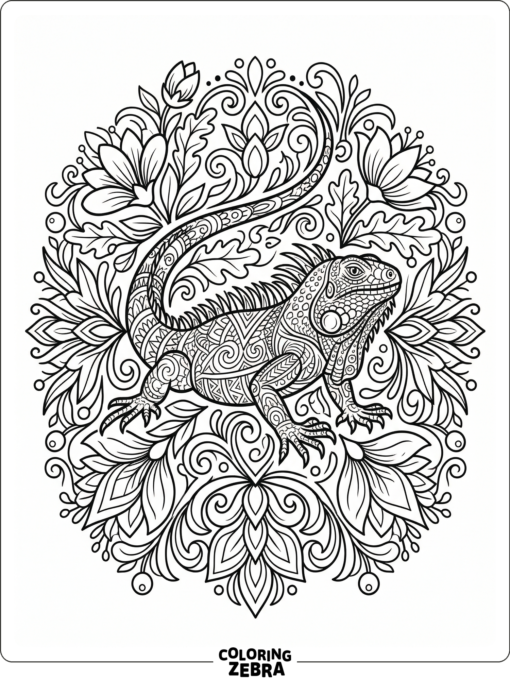 An ornamental iguana surrounded by swirls, flowers, and leaf shapes