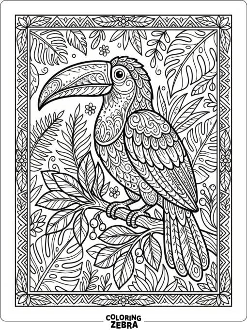 A detailed toucan surrounded by leaves and patterns