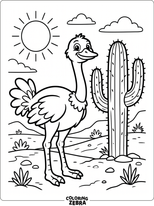 An ostrich standing next to a cactus in the desert
