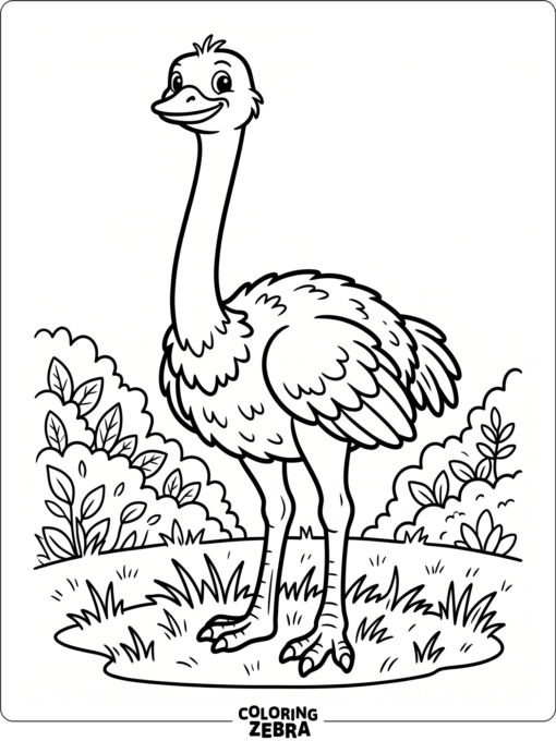 A tall ostrich stands in grass with a few simple bushes