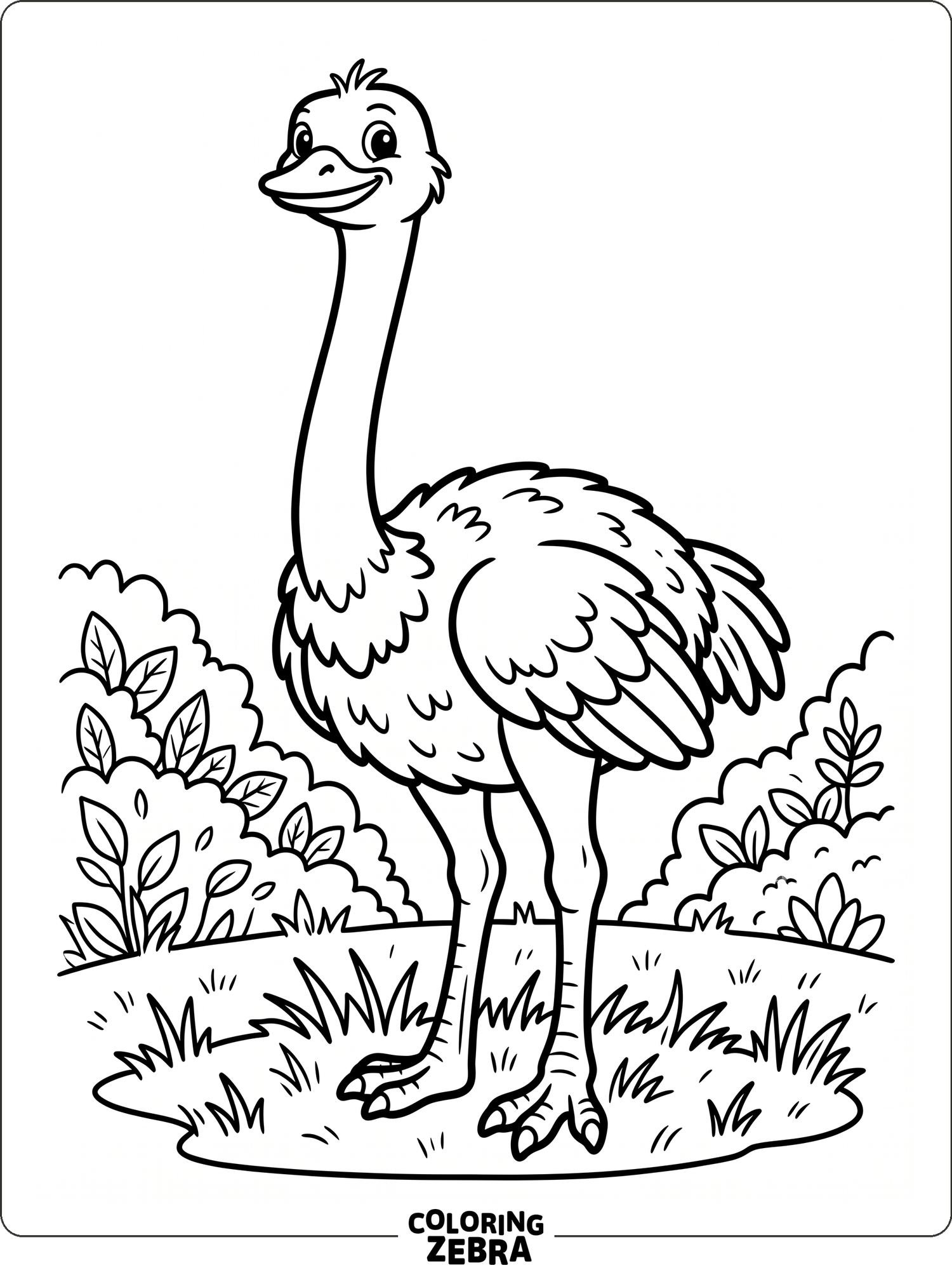 A tall ostrich stands in grass with a few simple bushes