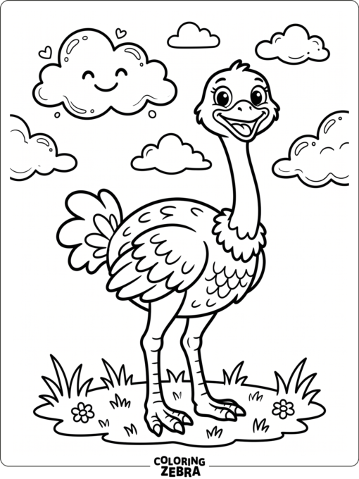 A friendly ostrich with big eyes and clouds