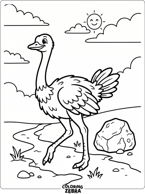 An ostrich walking beside a rock under open sky