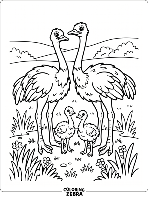 Two ostriches with chicks standing together in grass