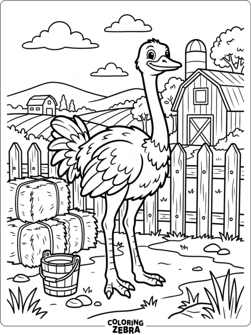 An ostrich stands by a farm fence with hay bales nearby