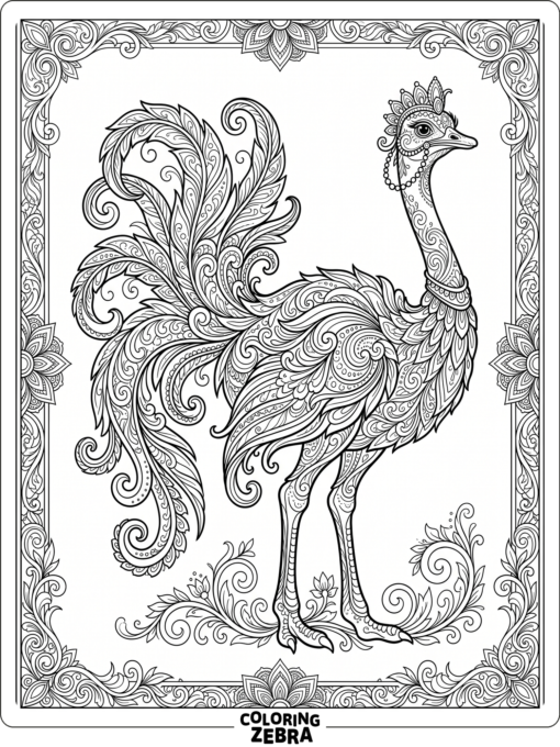 An elegant ostrich with decorative feather patterns