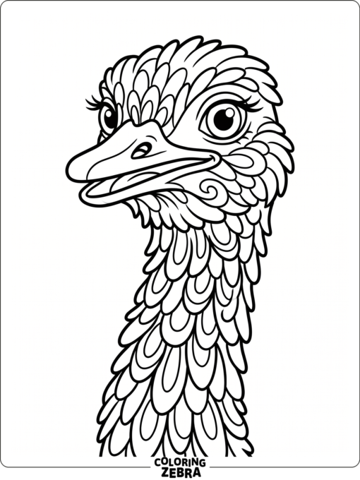 A close-up ostrich head with neck feathers and a plain background